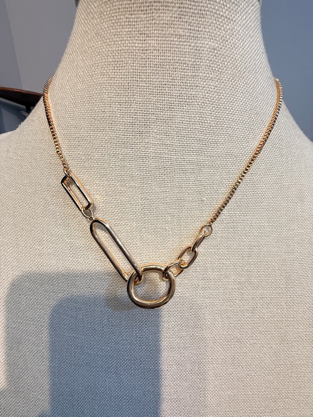 Gold Tone Paperclip Link Statement Necklace 16”